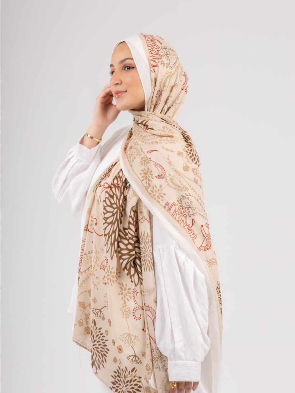 Beige Floral Pattern Lightweight Hijab Scarf